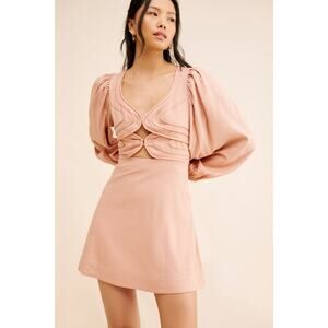 FARM Rio x Anthropologie Linen Puff-Sleeve Cutout Mini Dress in Rose, Medium